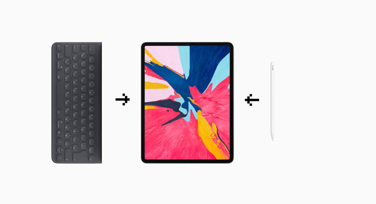 iPad Pro 2018に、『Apple Pencil（第2世代）』と『Smart Keyboard Folio』を装着しようとしている図。