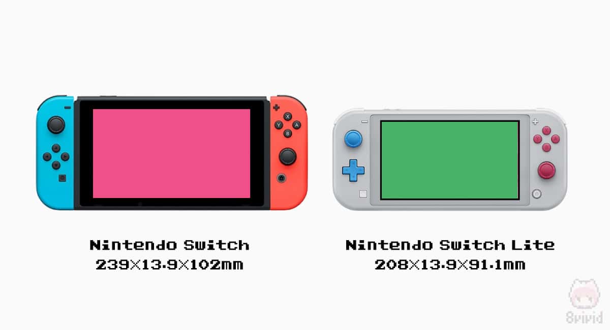 Nintendo Switch・Nintendo Switch Liteの本体サイズ比較画像。